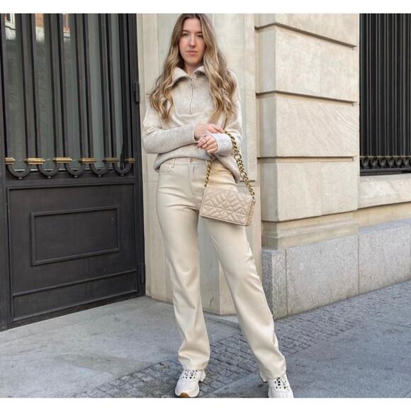 ZARA BLOGGER FAVORITE STRAIGHT LEG FAUX LEATHER PANTS BEIGE - Picture 5 of 15